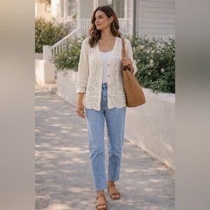 Icelandic Design Cream Cotton Open Knit Cardigan Boho Cottagecore Med